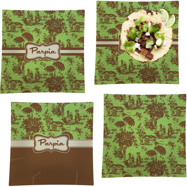 Custom Green & Brown Toile Set of 4 Glass Square Lunch / Dinner Plate 9.5" (Personalized)
