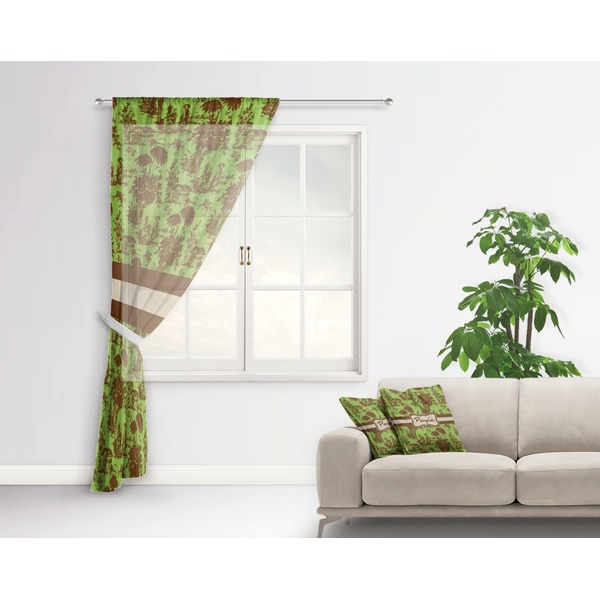 Green & Brown Toile Sheer Curtain With Window and Rod - in Room Matching Pillow
