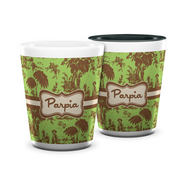 Custom Green & Brown Toile Ceramic Shot Glass - 1.5 oz (Personalized)