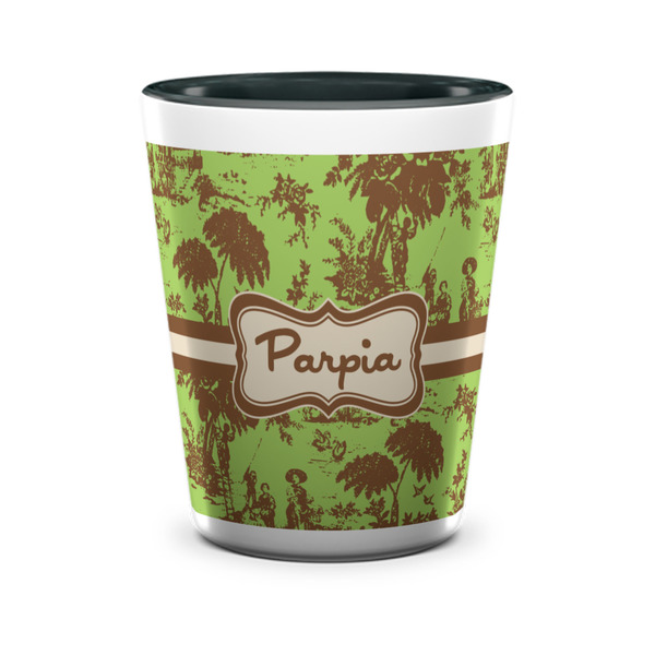Custom Green & Brown Toile Ceramic Shot Glass - 1.5 oz - Two Tone - Set of 4 (Personalized)