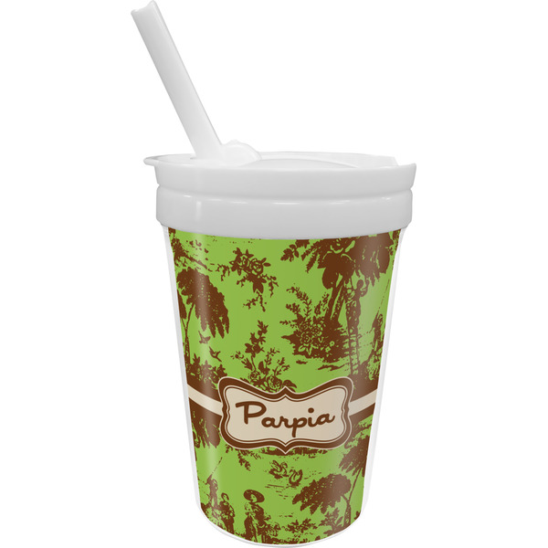 Custom Green & Brown Toile Sippy Cup with Straw (Personalized)