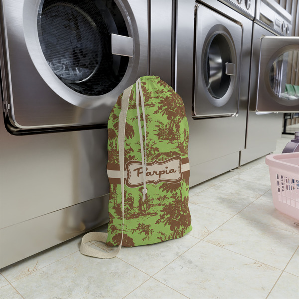 Green & Brown Toile Small Landry Bag - In Context