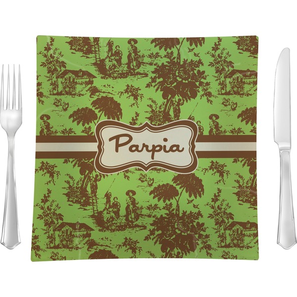 Custom Green & Brown Toile 9.5" Glass Square Lunch / Dinner Plate- Single or Set of 4 (Personalized)