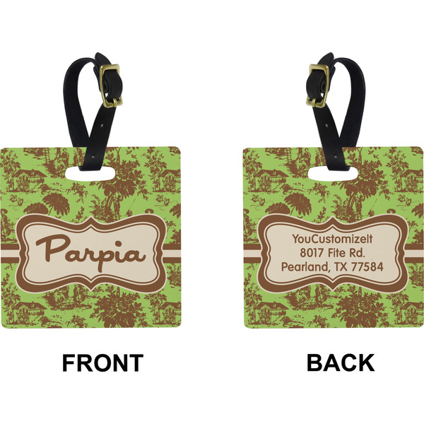 Green & Brown Toile Square Luggage Tag (Front + Back)