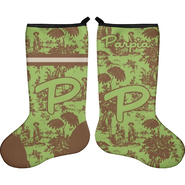 Custom Green & Brown Toile Holiday Stocking - Double-Sided - Neoprene (Personalized)