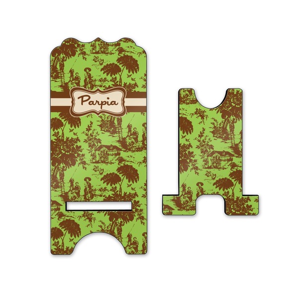 Green & Brown Toile Stylized Phone Stand - Front & Back - Small