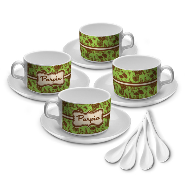 Custom Green & Brown Toile Tea Cup - Set of 4 (Personalized)