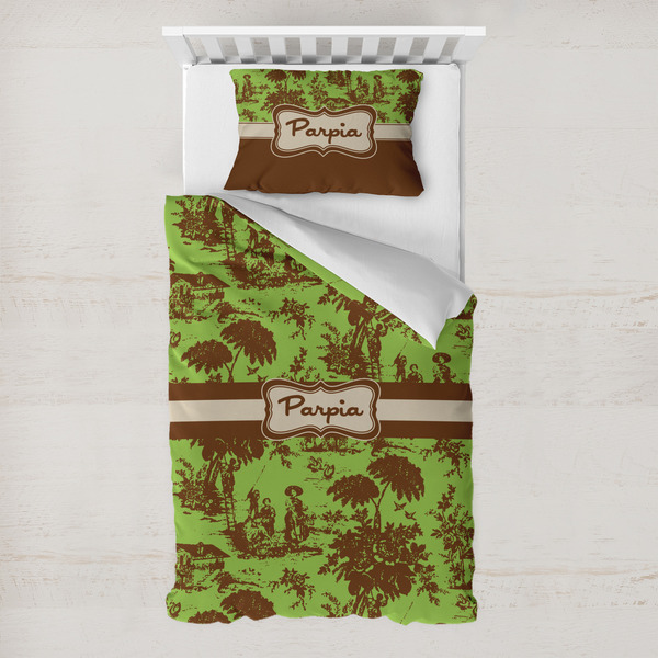 Custom Green & Brown Toile Toddler Bedding w/ Name or Text