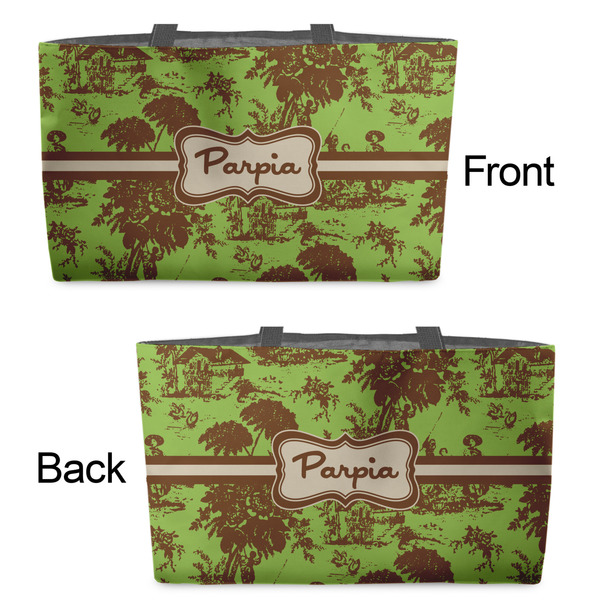 Green & Brown Toile Tote w/Black Handles - Front & Back Views