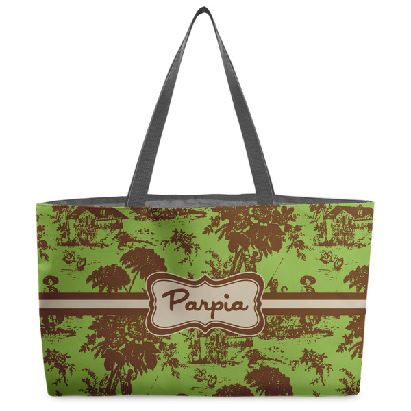 Custom Green & Brown Toile Beach Totes Bag - w/ Black Handles (Personalized)