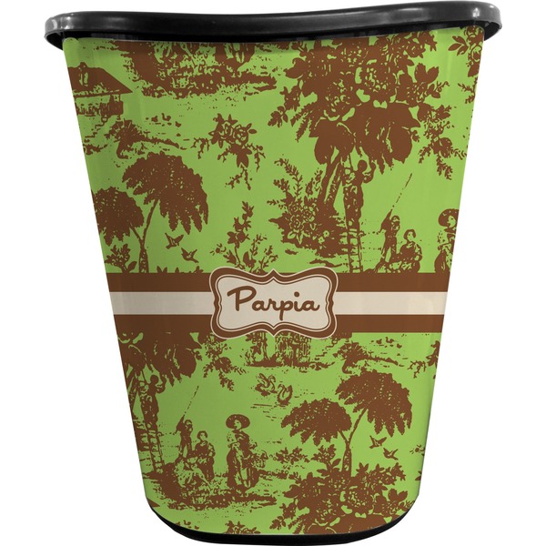 Custom Green & Brown Toile Waste Basket - Double Sided (Black) (Personalized)