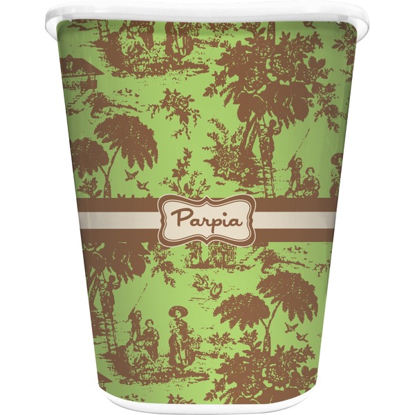 Custom Green & Brown Toile Waste Basket - Single Sided (White) (Personalized)