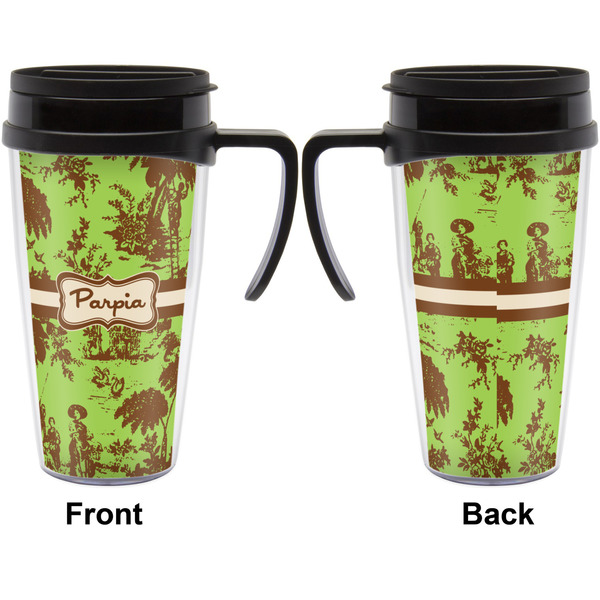 Green & Brown Toile Travel Mug with Black Handle - Approval