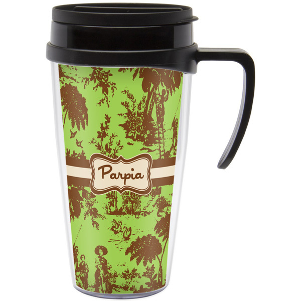Custom Green & Brown Toile Acrylic Travel Mug with Handle (Personalized)