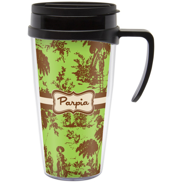 Custom Green & Brown Toile Acrylic Travel Mug with Handle (Personalized)