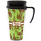 Green & Brown Toile Travel Mug with Black Handle - Front