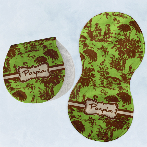 Custom Green & Brown Toile Burp Pads - Velour - Set of 2 w/ Name or Text