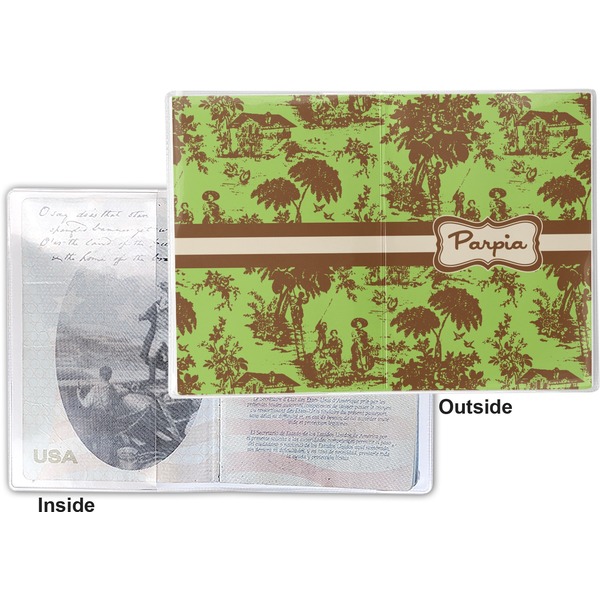 Green & Brown Toile Vinyl Passport Holder - Flat Front and Back
