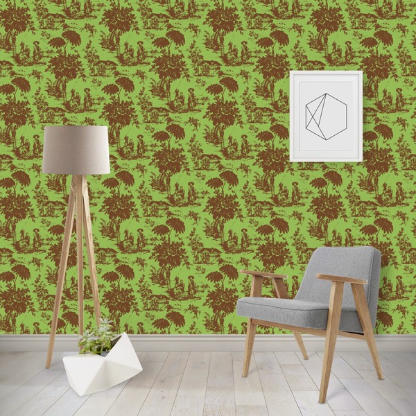Custom Green & Brown Toile Wallpaper & Surface Covering (Water Activated - Removable)