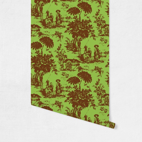 Green & Brown Toile Wallpaper on Wall