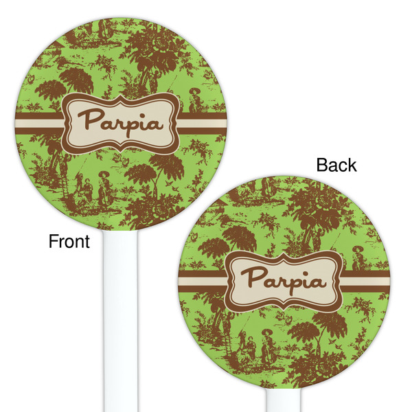 Green & Brown Toile White Plastic 5.5" Stir Stick - Double Sided - Round - Front & Back