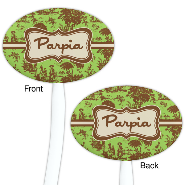 Green & Brown Toile White Plastic 7" Stir Stick - Double Sided - Oval - Front & Back