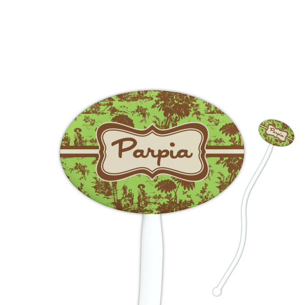 Custom Green & Brown Toile 7" Oval Plastic Stir Sticks - White - Double Sided (Personalized)