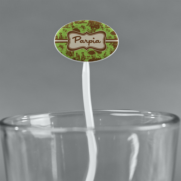 Green & Brown Toile White Plastic 7" Stir Stick - Oval - Main