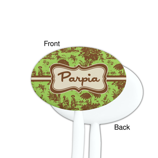 Green & Brown Toile White Plastic 7" Stir Stick - Single Sided - Oval - Front & Back