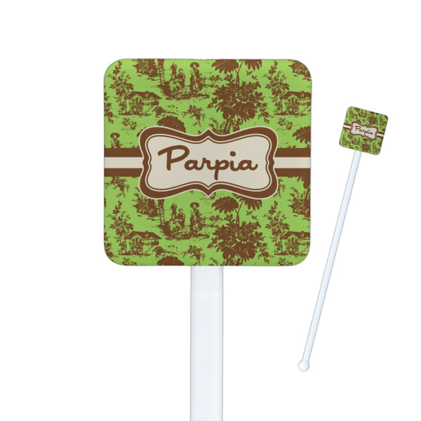 Custom Green & Brown Toile Square Plastic Stir Sticks - Single Sided (Personalized)