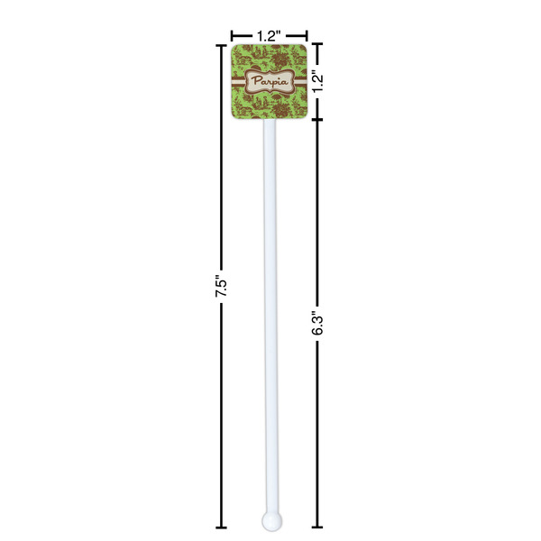 Green & Brown Toile White Plastic Stir Stick - Square - Dimensions