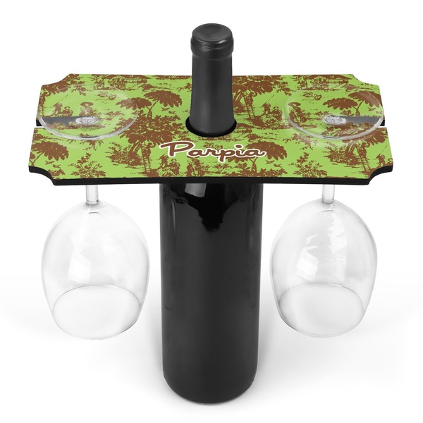 Custom Green & Brown Toile Wine Bottle & Glass Holder (Personalized)