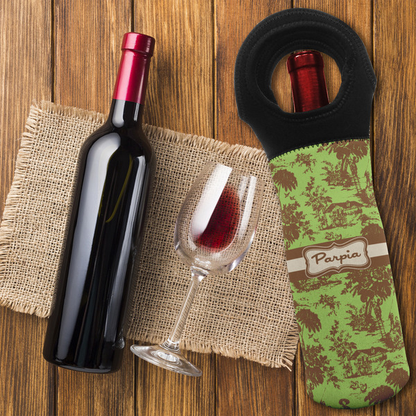 Green & Brown Toile Wine Tote Bag - FLATLAY
