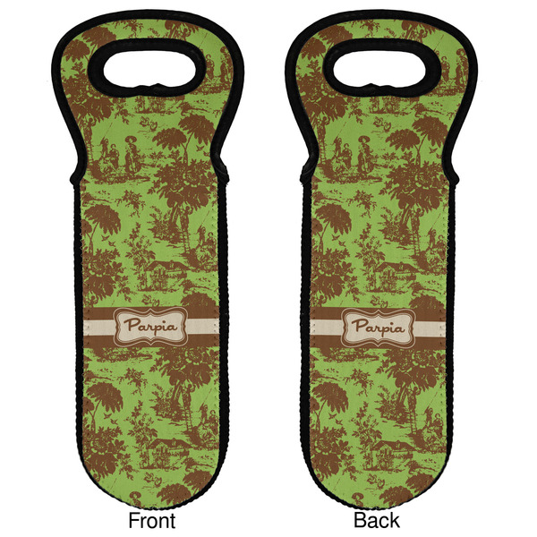 Green & Brown Toile Wine Tote Front & Back