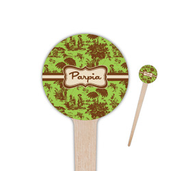 Green & Brown Toile 4" Round Wooden Food Picks - Single Sided (Personalized)