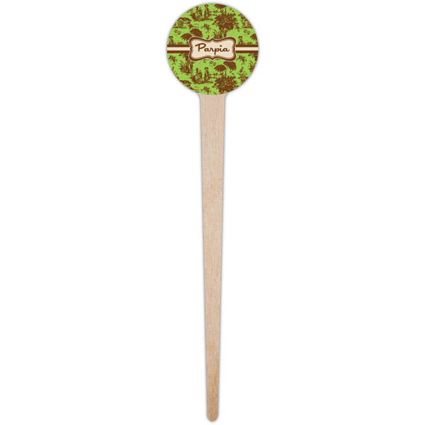 Green & Brown Toile Wooden 4" Food Pick - Round - Single Pick