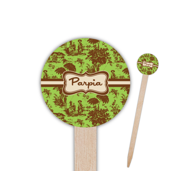 Custom Green & Brown Toile Round Wooden Food Picks (Personalized)