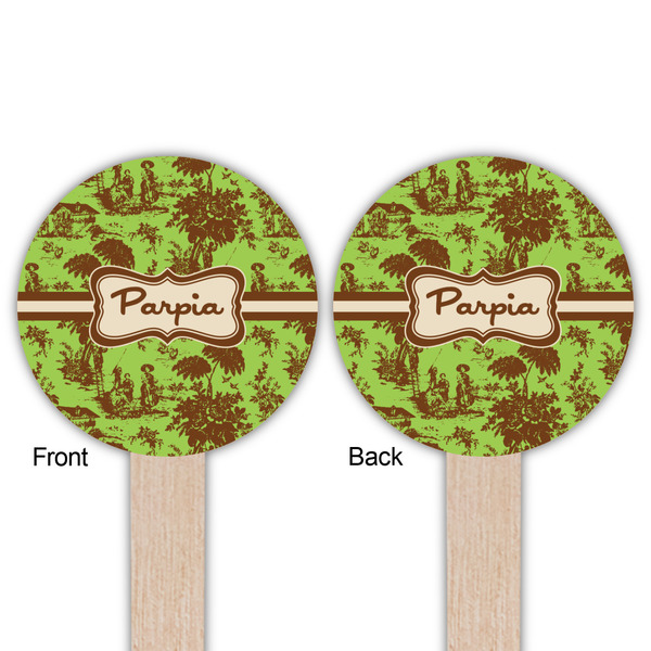Green & Brown Toile Wooden 6" Food Pick - Round - Double Sided - Front & Back