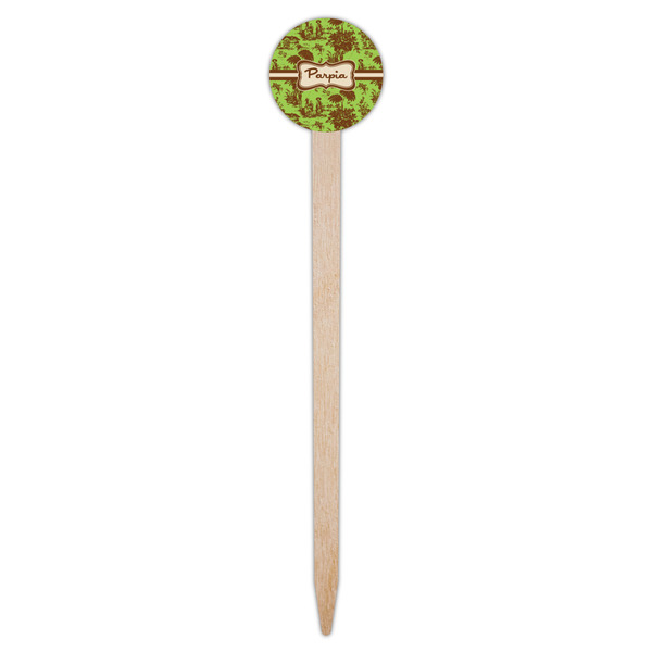 Green & Brown Toile Wooden 6" Food Pick - Round - Single Pick
