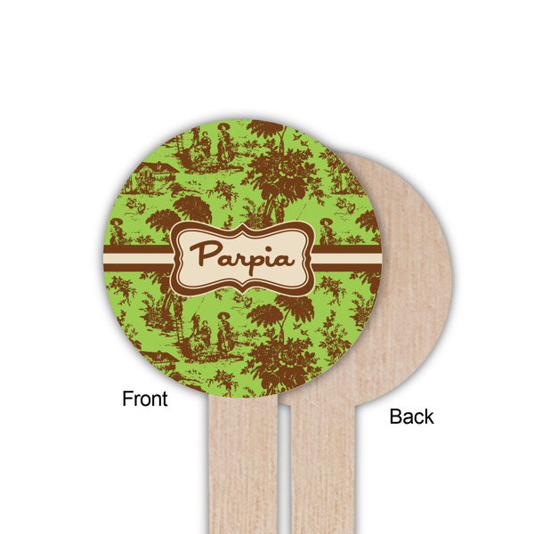 Green & Brown Toile Wooden 6" Food Pick - Round - Single Sided - Front & Back