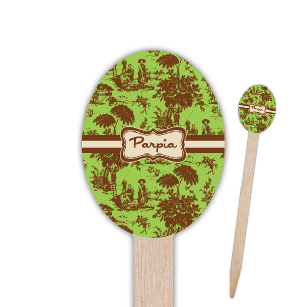 Custom Green & Brown Toile Oval Wooden Food Picks (Personalized)