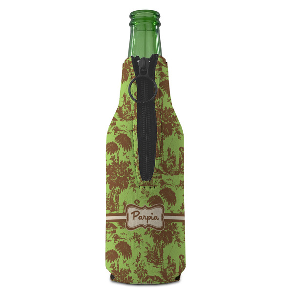 Green & Brown Toile Zipper Bottle Cooler - BACK (bottle)