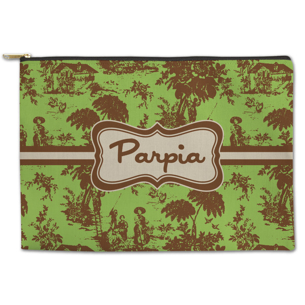 Custom Green & Brown Toile Zipper Pouch - Large - 12.5"x8.5" (Personalized)