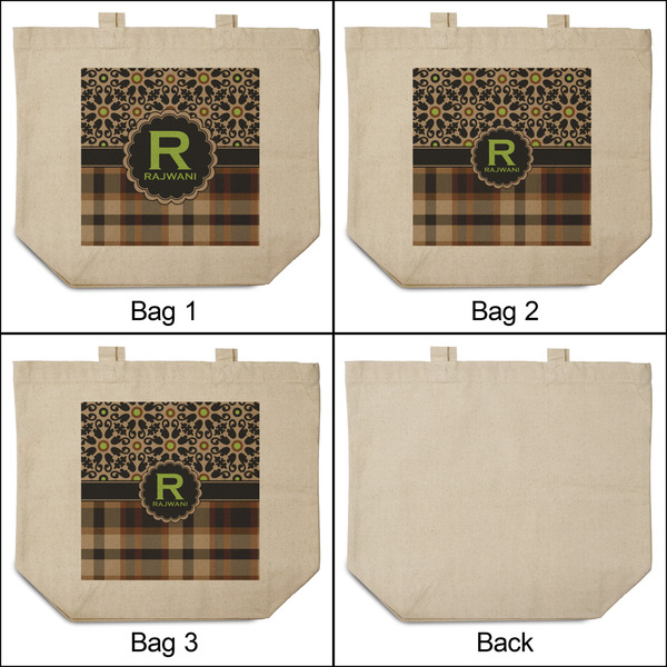 Moroccan Mosaic & Plaid 3 Reusable Cotton Grocery Bags - Front & Back View
