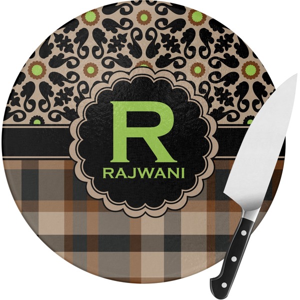 Custom Moroccan Mosaic & Plaid Round Glass Cutting Board - Small (Personalized)