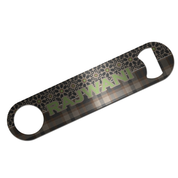Custom Moroccan Mosaic & Plaid Bar Bottle Opener - Silver w/ Name and Initial