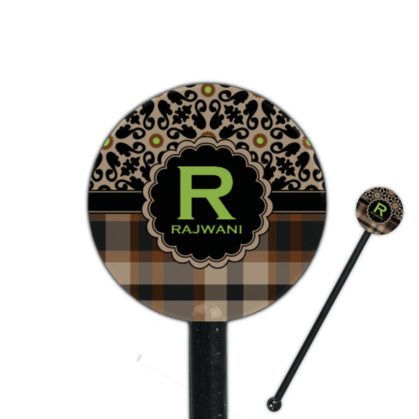Custom Moroccan Mosaic & Plaid 5.5" Round Plastic Stir Sticks - Black - Single Sided (Personalized)