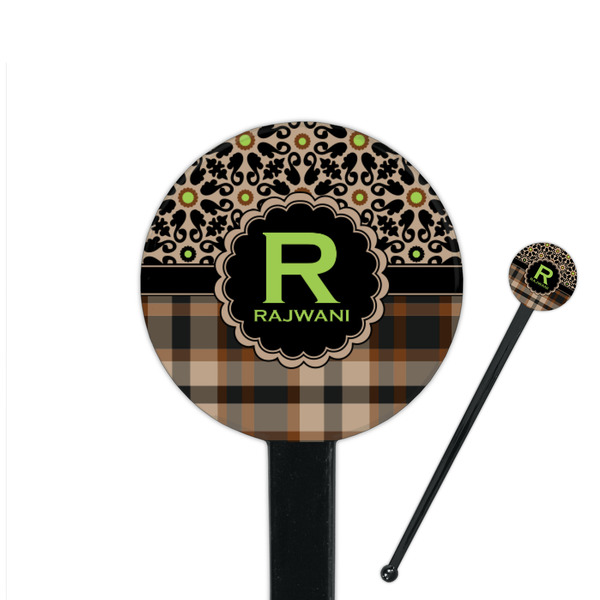 Custom Moroccan Mosaic & Plaid 7" Round Plastic Stir Sticks - Black - Single Sided (Personalized)
