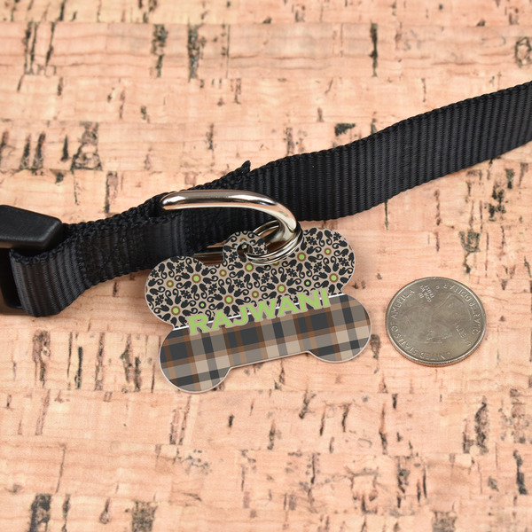 Moroccan Mosaic & Plaid Bone Shaped Dog ID Tag - Large - In Context