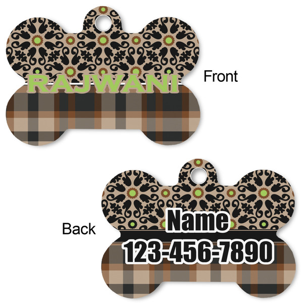 Moroccan Mosaic & Plaid Bone Shaped Dog Tag - Front & Back